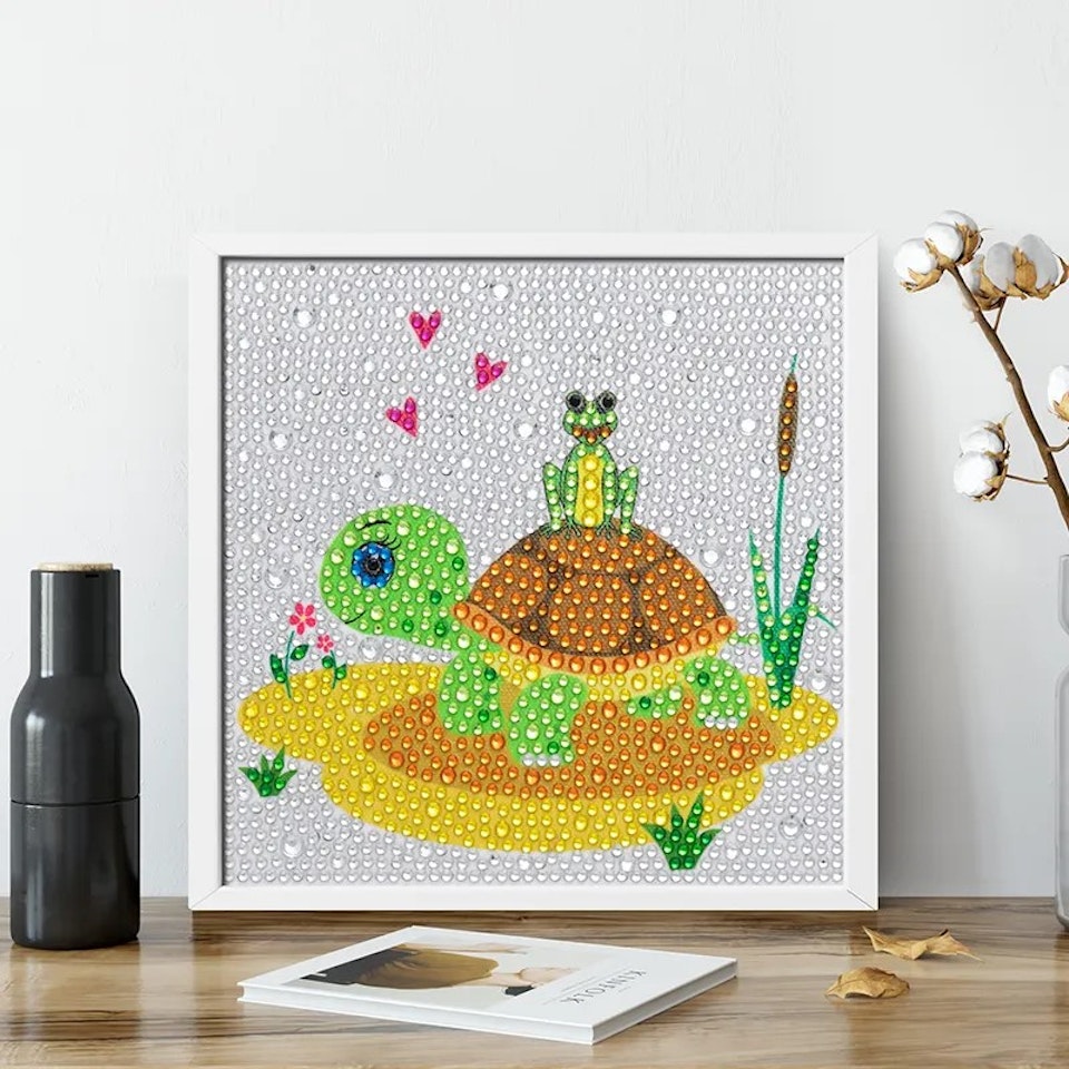 Barntavla, diamond painting, sköldpadda, medföljande träram