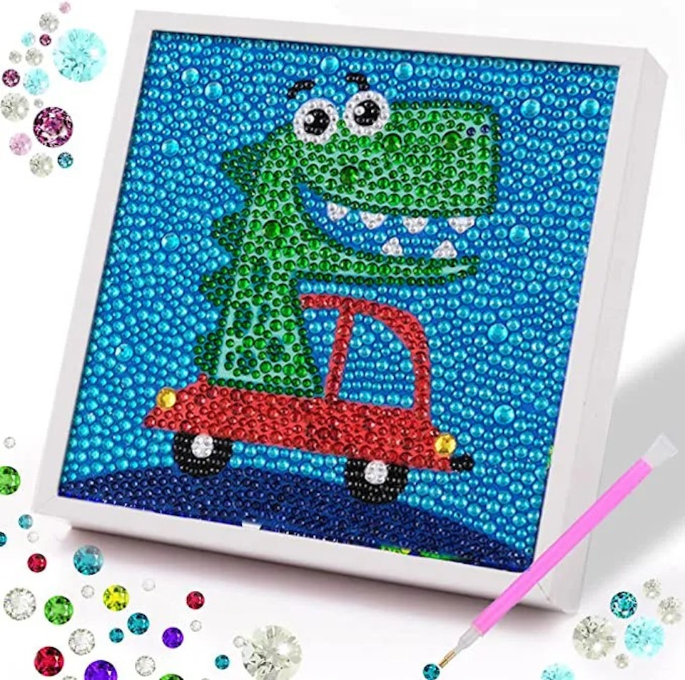 Barntavla, diamond painting, dinosaurie, medföljande träram