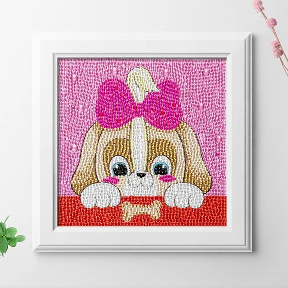 Barntavla, diamond painting, hund, medföljande träram