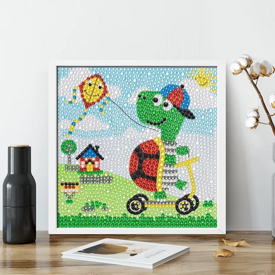 Barntavla, diamond painting, dinosaurie, medföljande träram
