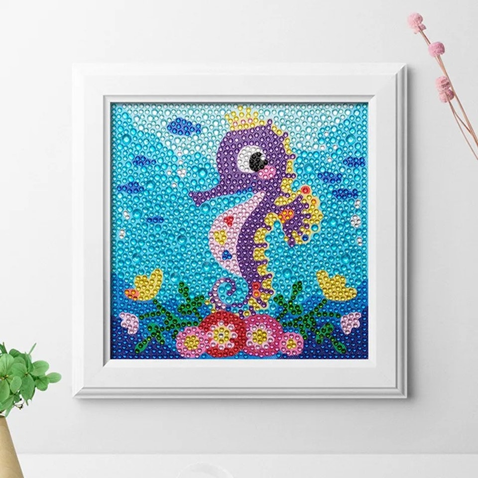 Barntavla, diamond painting, sjöhäst, medföljande träram