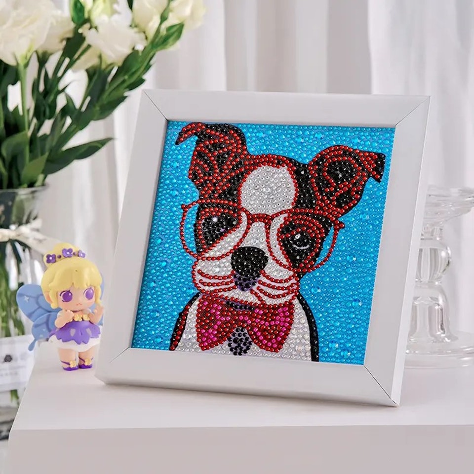 Barntavla, diamond painting, hund, medföljande träram