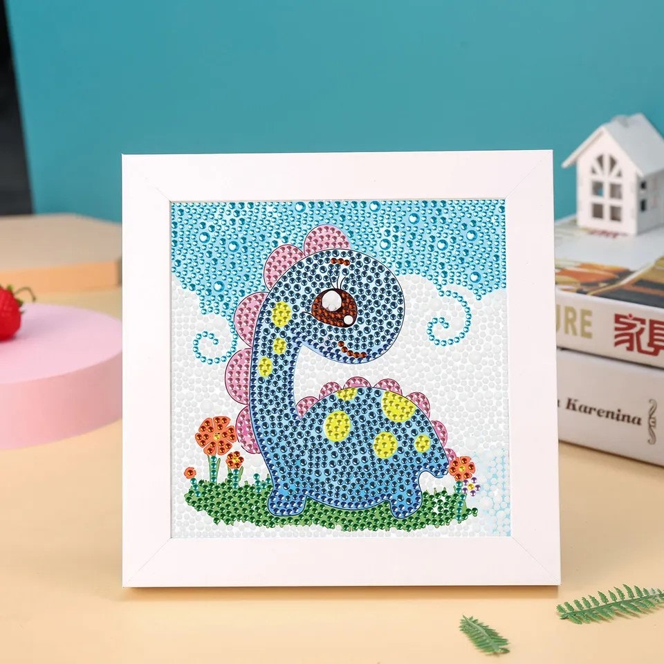 Barntavla, diamond painting, dinosaurie, medföljande träram