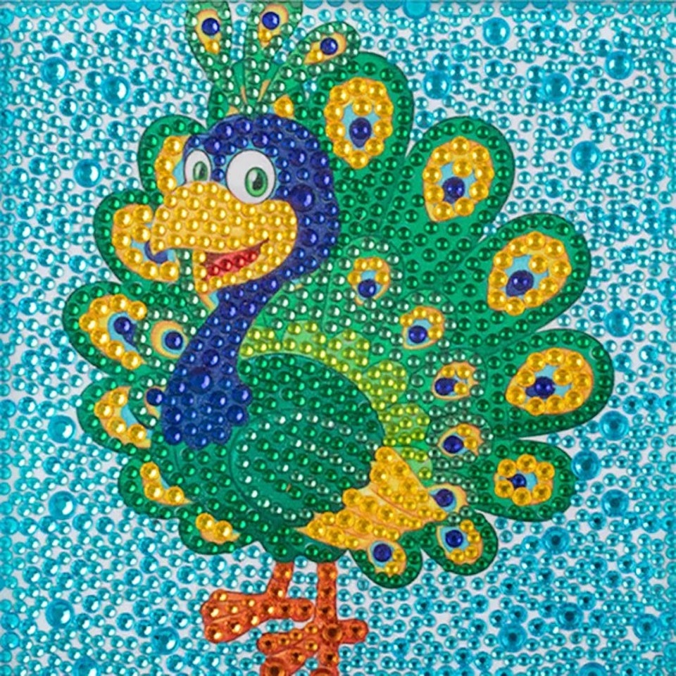 Barntavla, diamond painting, påfågel, medföljande träram