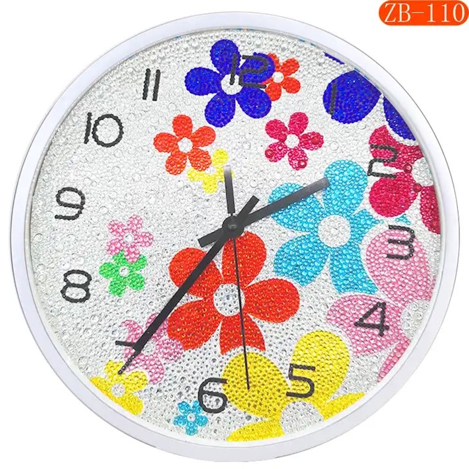 diamond painting, klocka, blommor