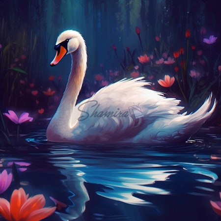 Diamond painting - Vit svan på vattnet omgiven utav blommor 50x50cm