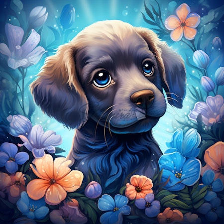 Diamond painting - Hund omgiven utav blommor 50x50cm