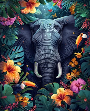 Diamond painting - Elefant med tropisk omgivning 40x60cm