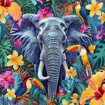 Diamond painting - Elefant med tropisk omgivning, ljusa färger 40x50cm