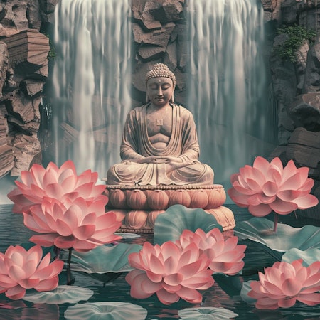 Diamond painting - Buddha i vacker natur med rosa blommor och vattenfall 50x50cm