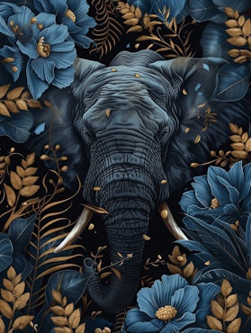 Diamond painting - Elefant omgiven utav blå och guldig natur 45x60cm