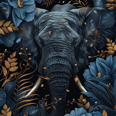 Diamond painting - Elefant omgiven utav blå och guldig natur 45x60cm