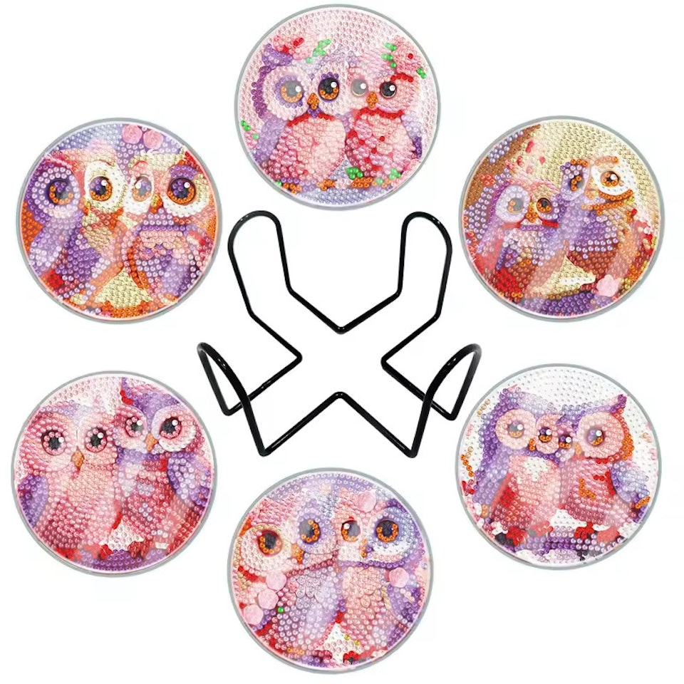 6-pack Diamond Painting Glasunderlägg med skydd - Ugglor