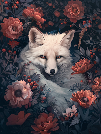 Korsstygn - Vit räv bland blomster 40x50cm