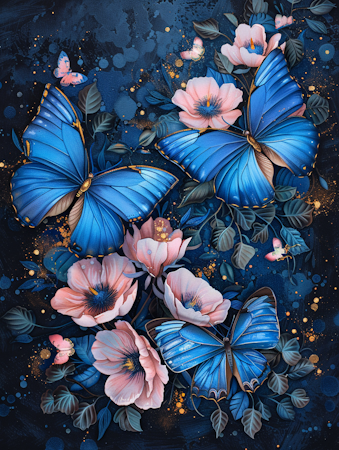 Korsstygn - Blå fjärilar och blommor 40x50cm