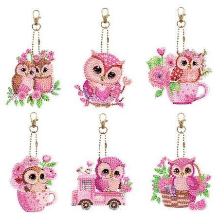 6-pack Diamond Painting Nyckelringar - Rosa ugglor