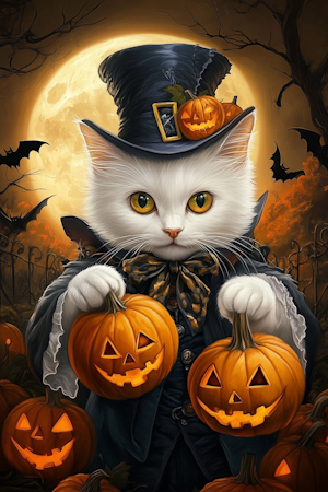 Diamond Painting - Vit Katt Med Jack-o´-lanterns