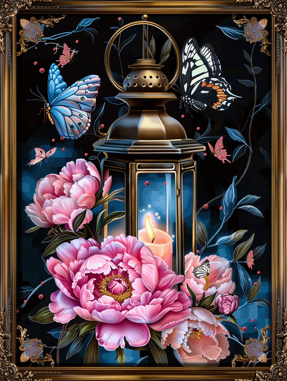 diamond painting, lykta med blommor och fjärilar