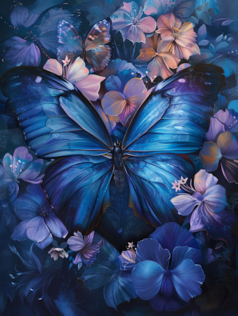 Diamond Painting Akryl - Blå fjäril i blomhav 20x30cm