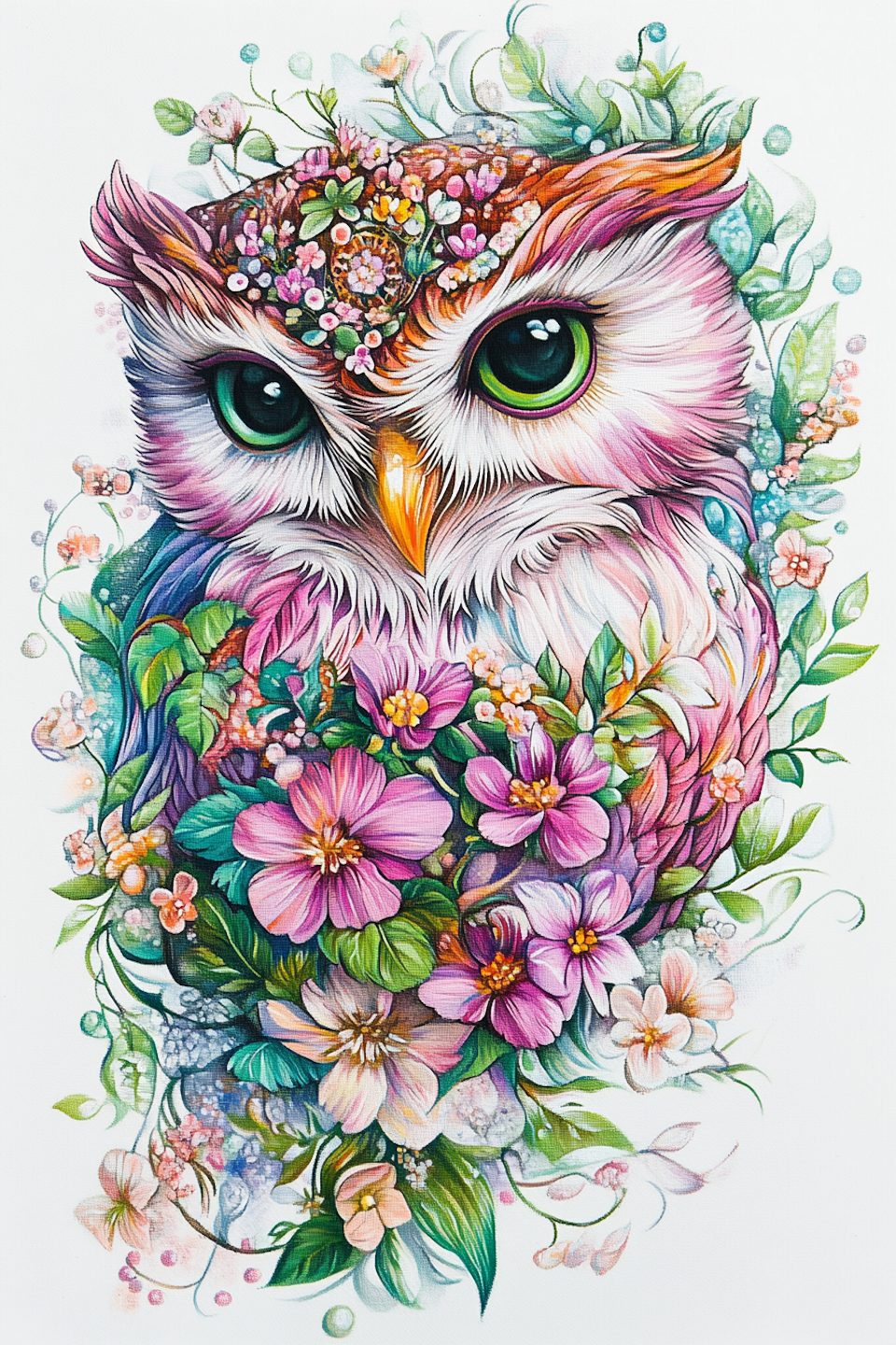diamond painting, uggla med blommor