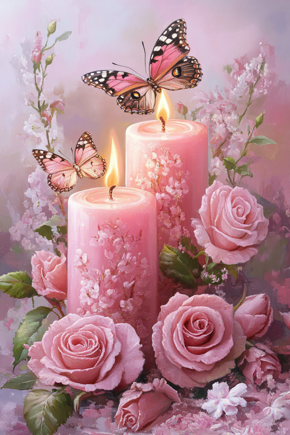 diamond painting, levande ljus med fjärilar i rosa