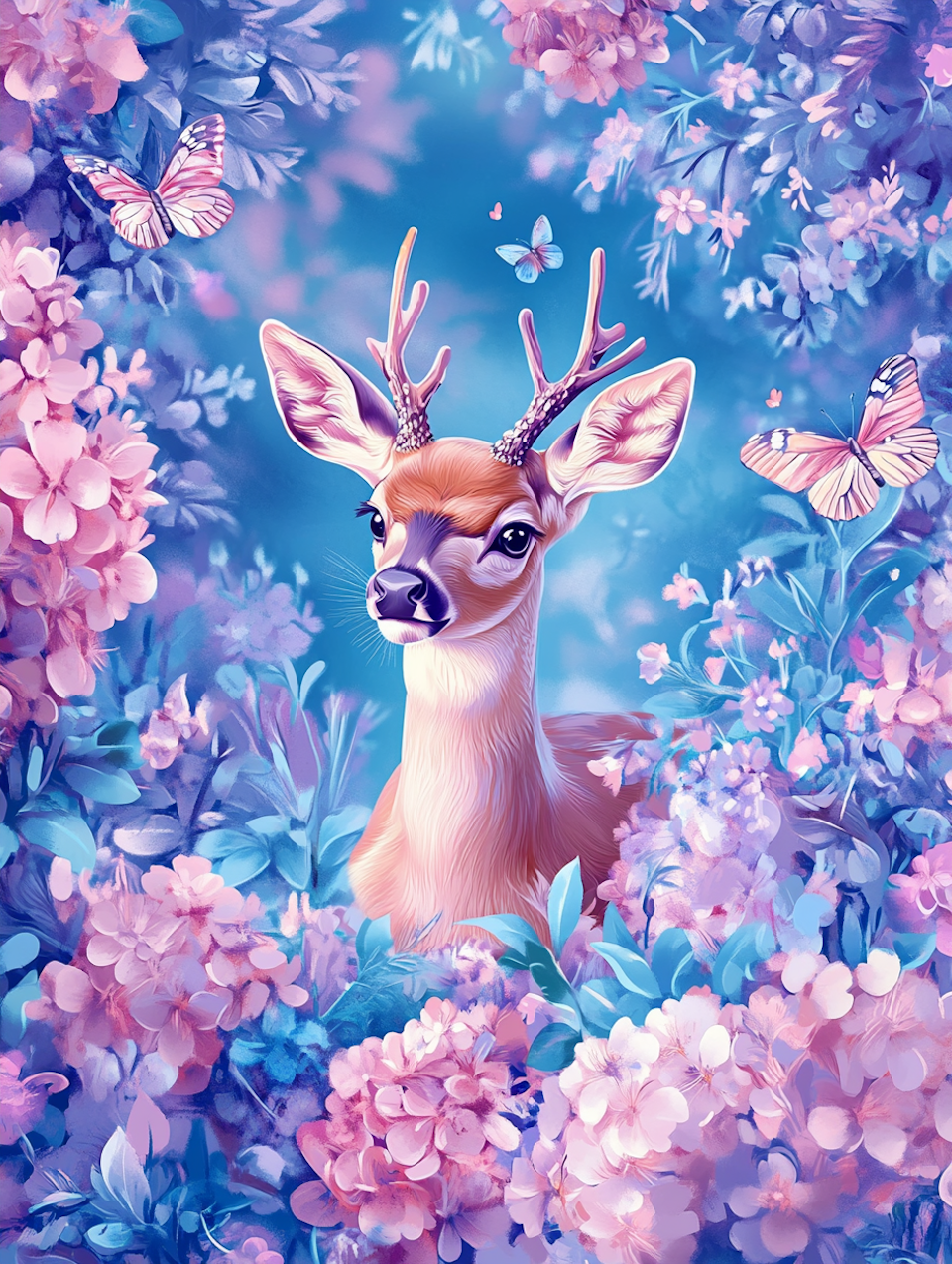diamond painting, rådjur, blommor och fjärilar