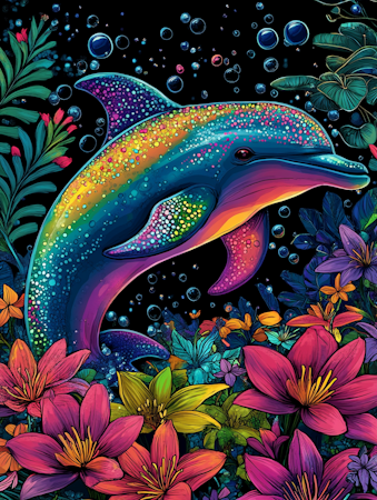 Diamond Painting Akryl - Delfin bland blommor 20x30cm
