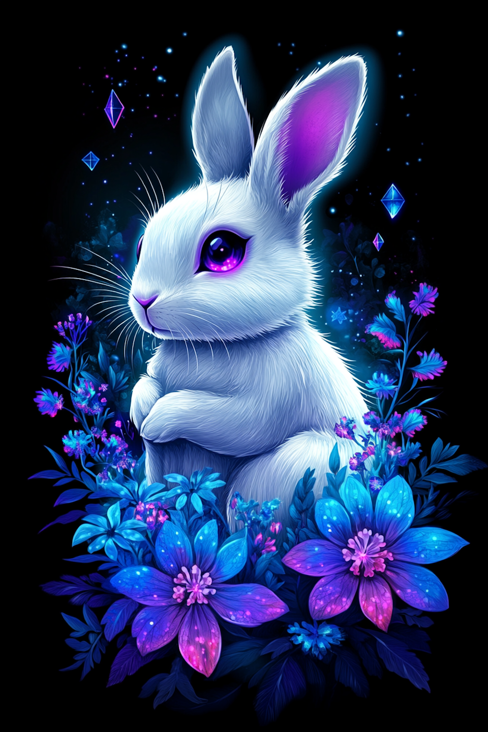 diamond painting, kanin och blommor i neon