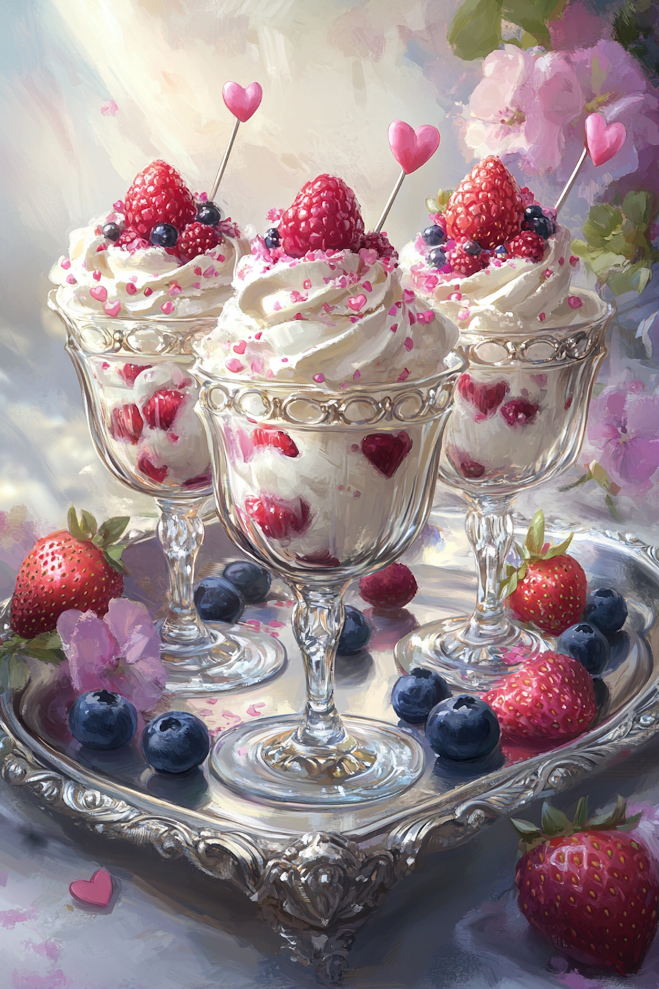 diamond painting, glassdessert med hallon och blåbär