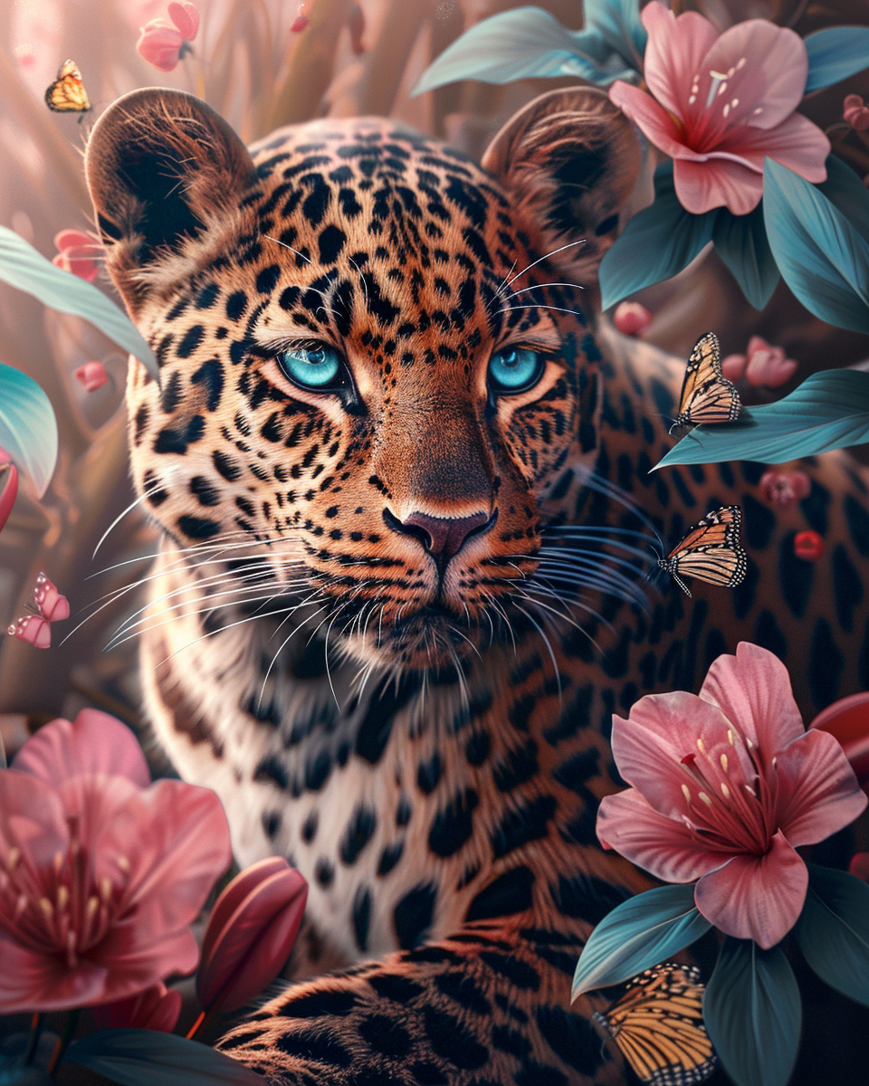 diamond painting, leopard bland blommor och fjärilar