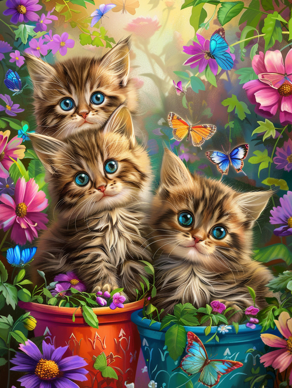 diamond painting, katter i hink, blommor, växter