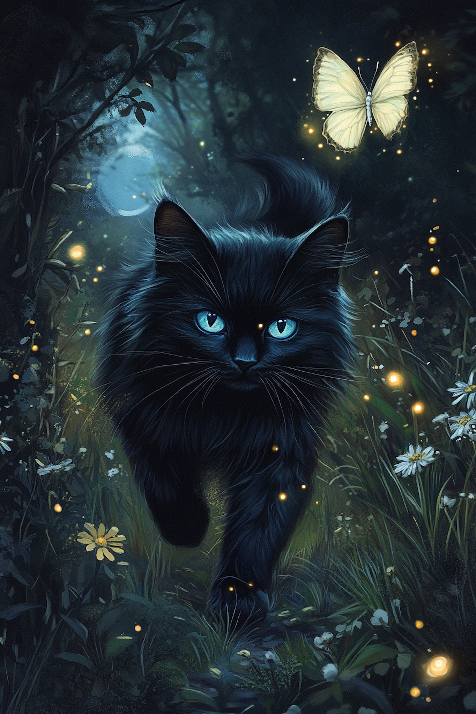 diamond painting, svart katt ohc lysande fjäril i skogen