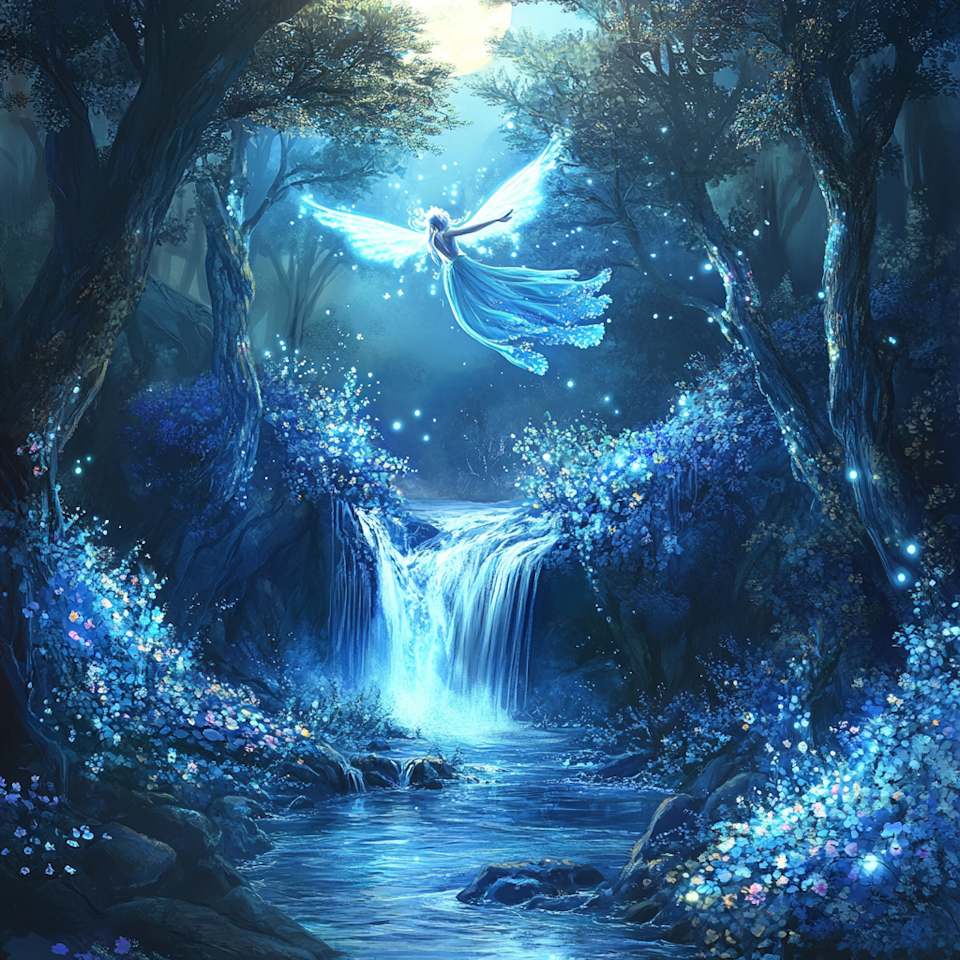 diamond painting, ängel vid bäcken, skog, vattenfall
