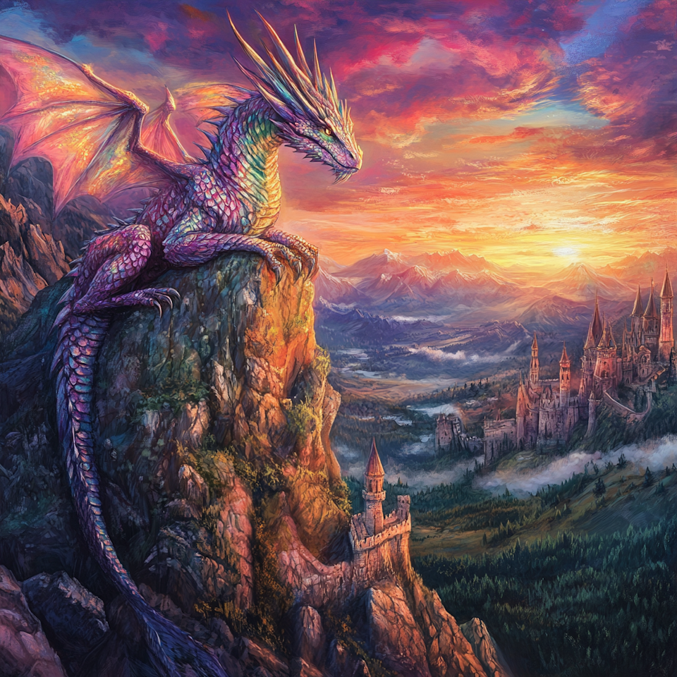 diamond painting, drake på berget, stad, solnedgång