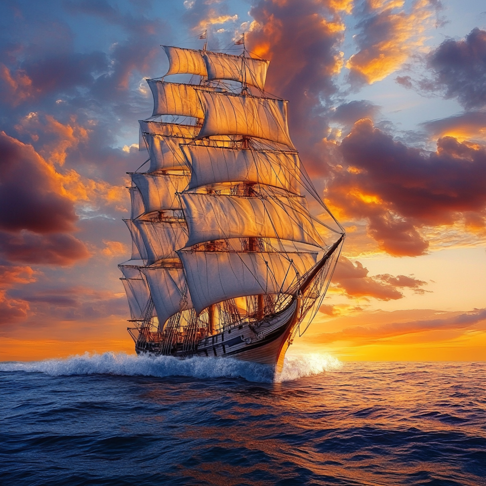 diamond painting, skepp på havet, soluppgång