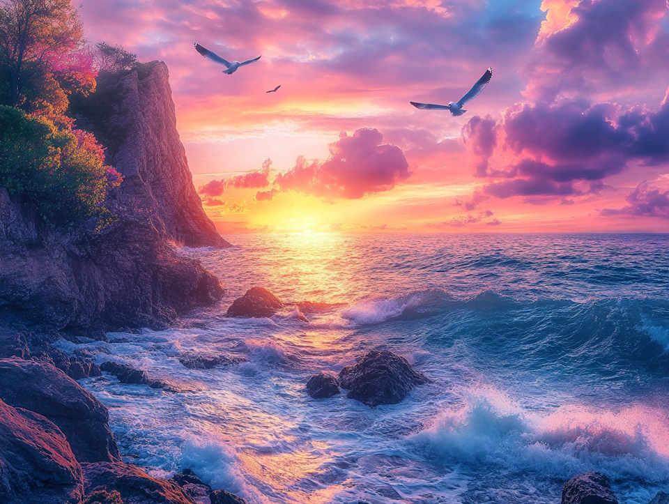 diamond painting, fiskmåsar över havet