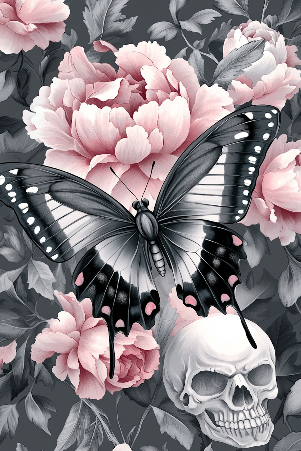 diamond painting, fjäril och döskalle bland blommor