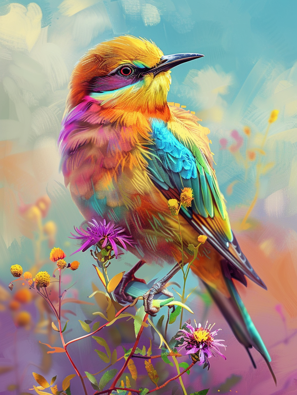 diamond painting, färgrik fågel, blommor i olika färger