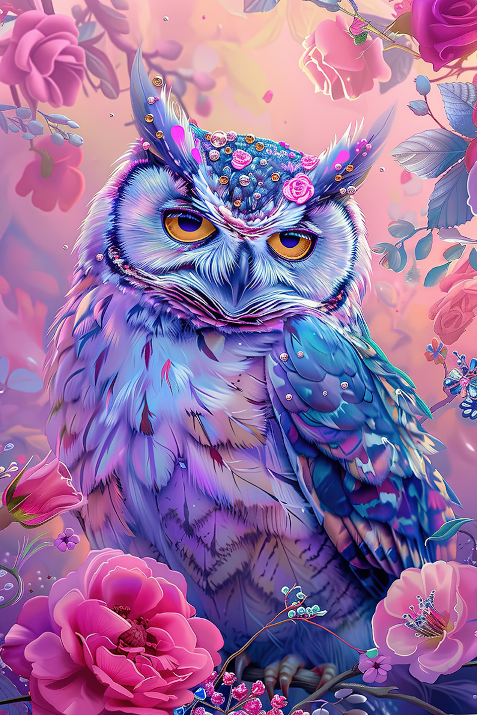 diamond painting, uggla bland blommor i rosa och lila toner