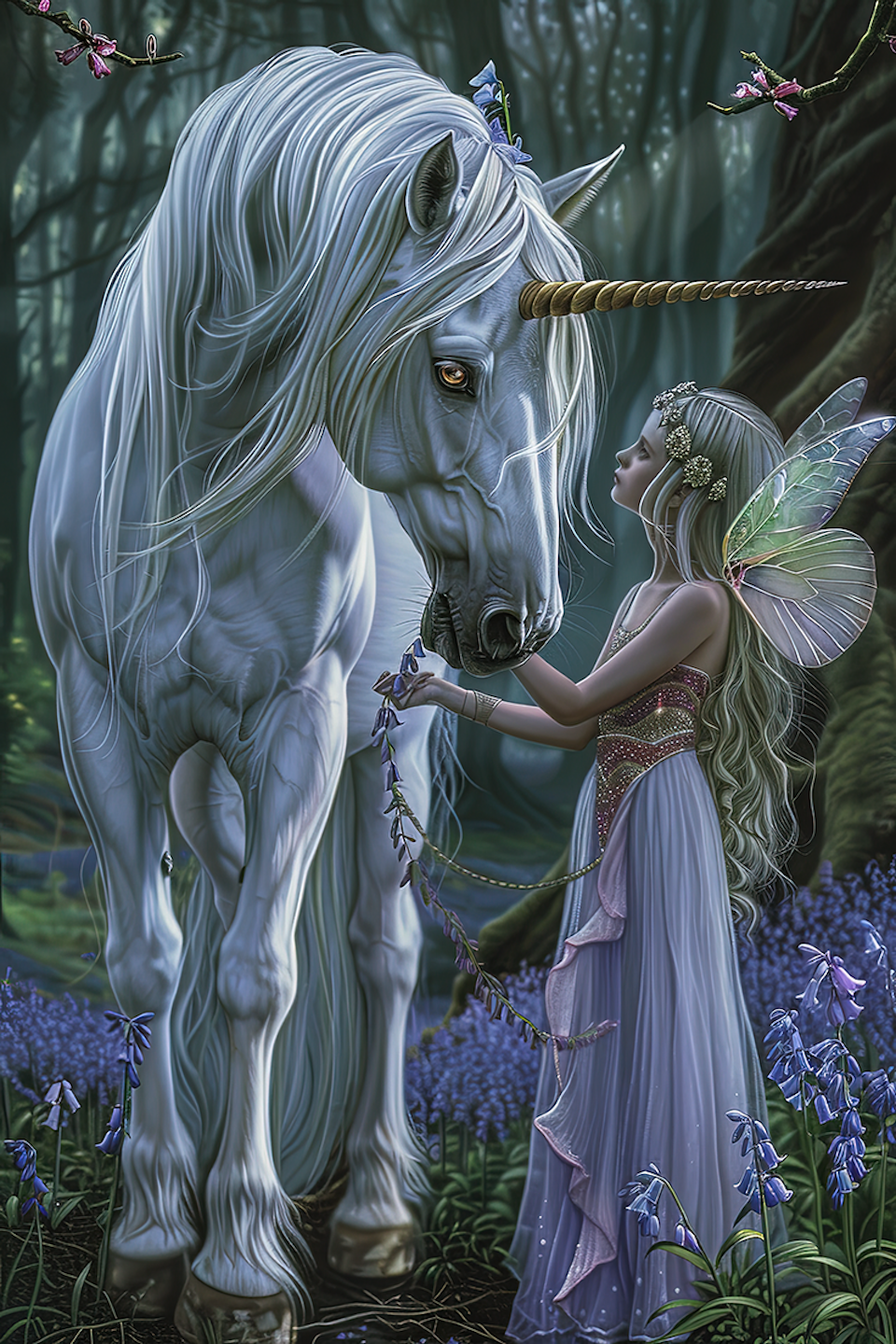 diamond painting, älva och unicorn ute i skogen