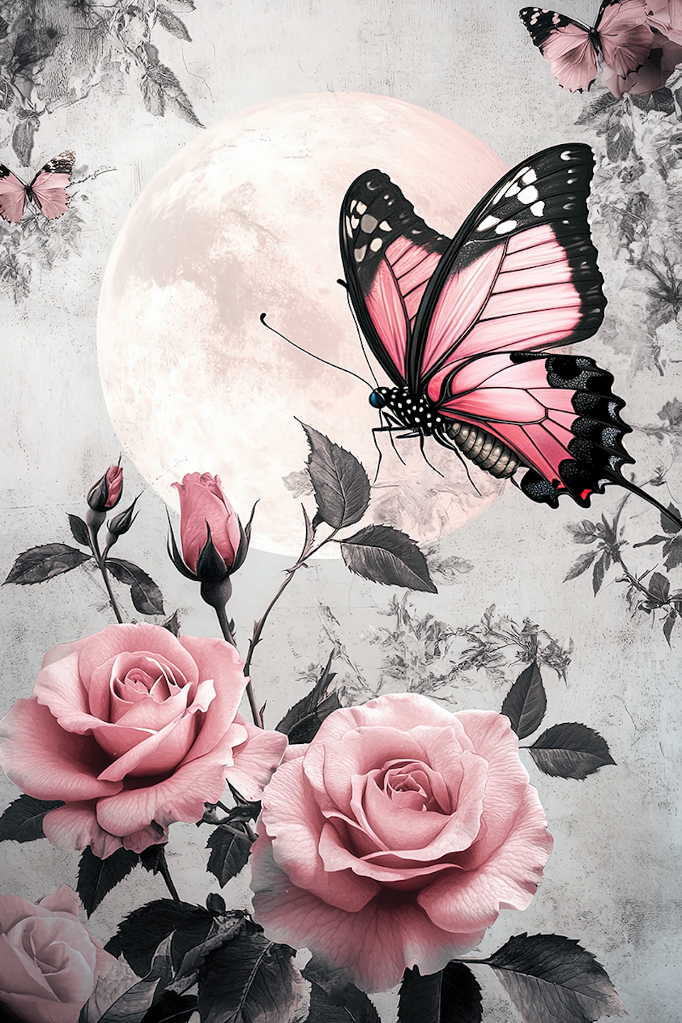 diamond painting, rosa rosor och fjärilar