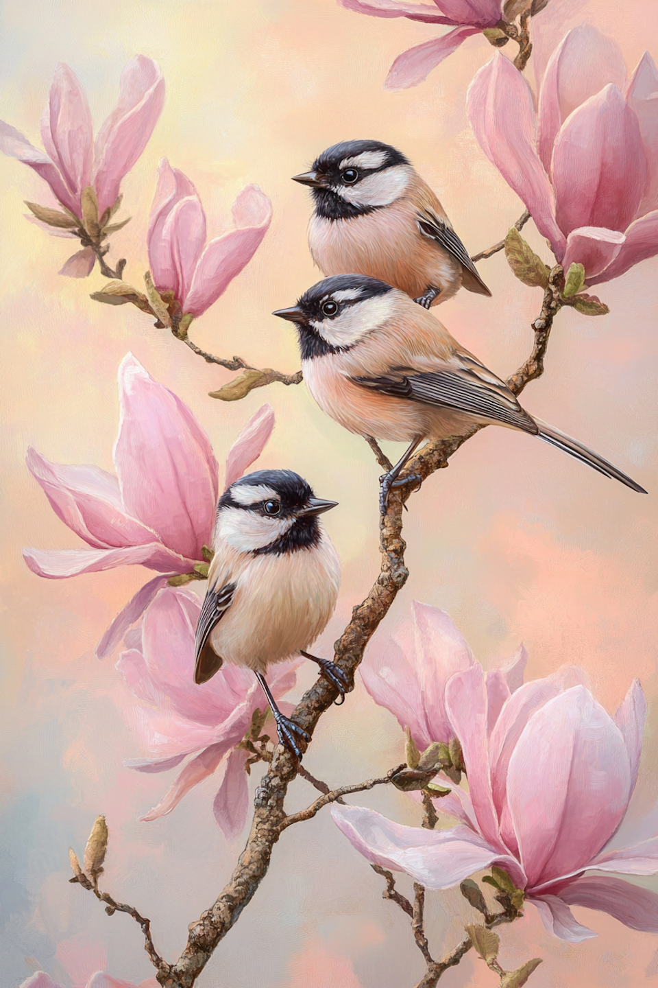 korsstygn, fåglar, rosa blommor
