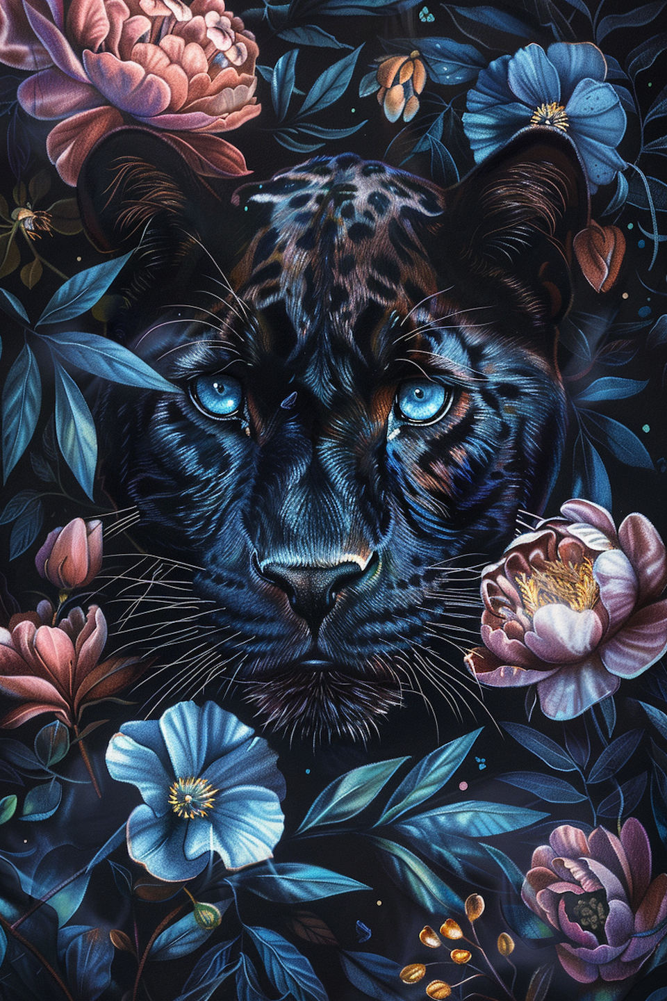 korsstygn, svart leopard bland blommor