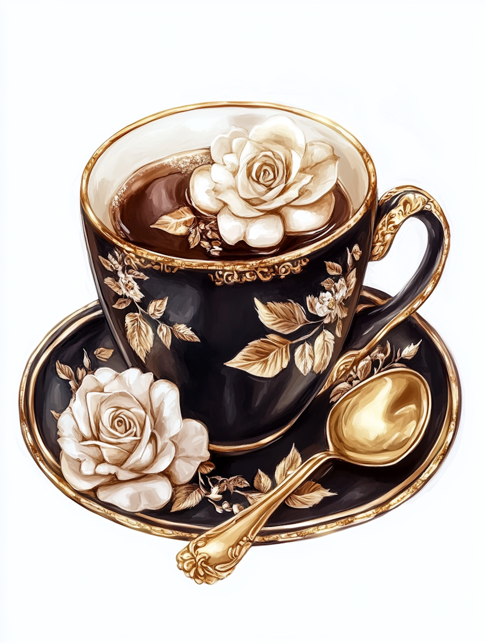 korsstygn, svart kaffekopp med guldiga detaljer, vita rosor
