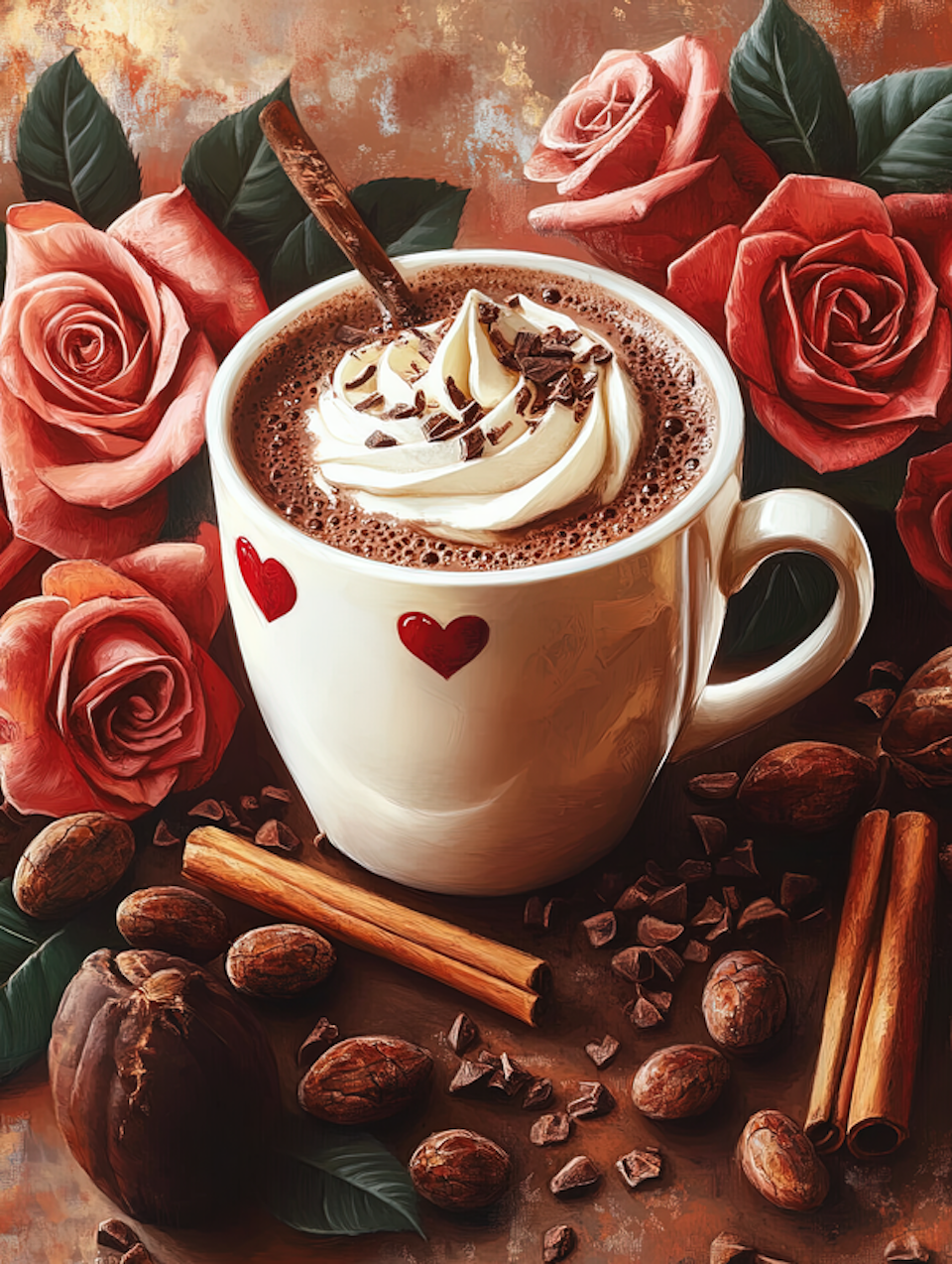 paint by number, kaffekopp med kaffe och grädde, rosor, kanelstänger