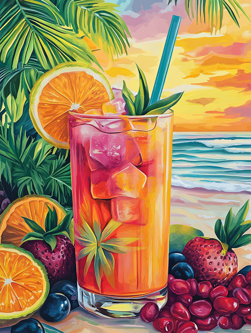 paint by number, läskande drink i solen med bär