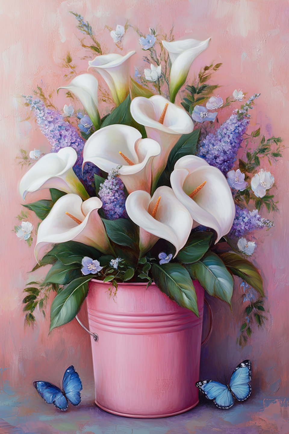 paint by number, kallaliljor i hink, blommor, fjärilar