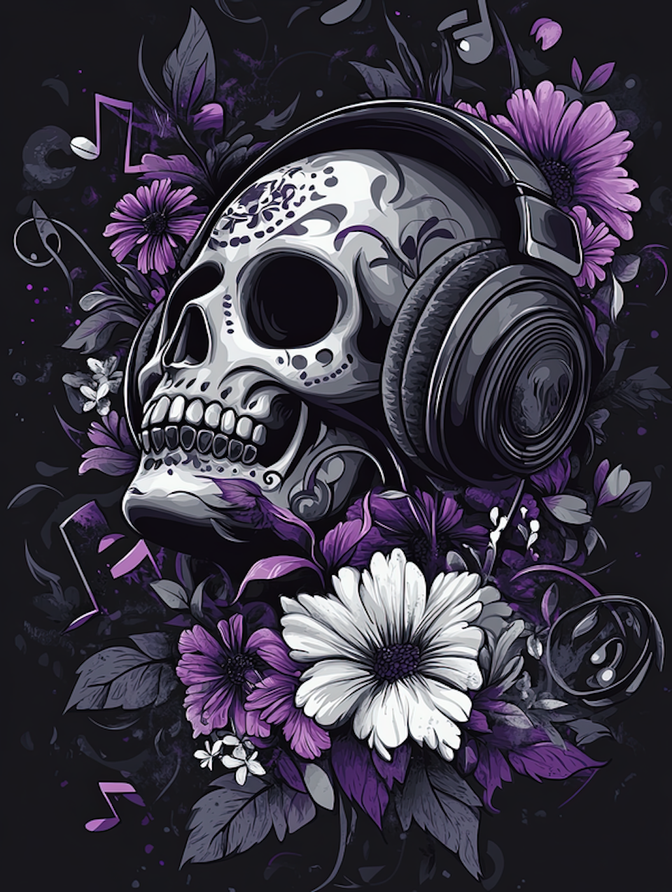 paint by number, döskalle som lyssnar på musik ur hörlurar, blommor