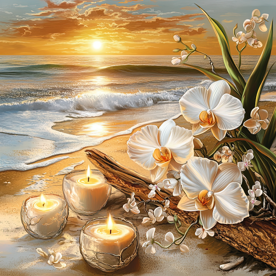 paint by number, orchidéer på stranden, levande ljus