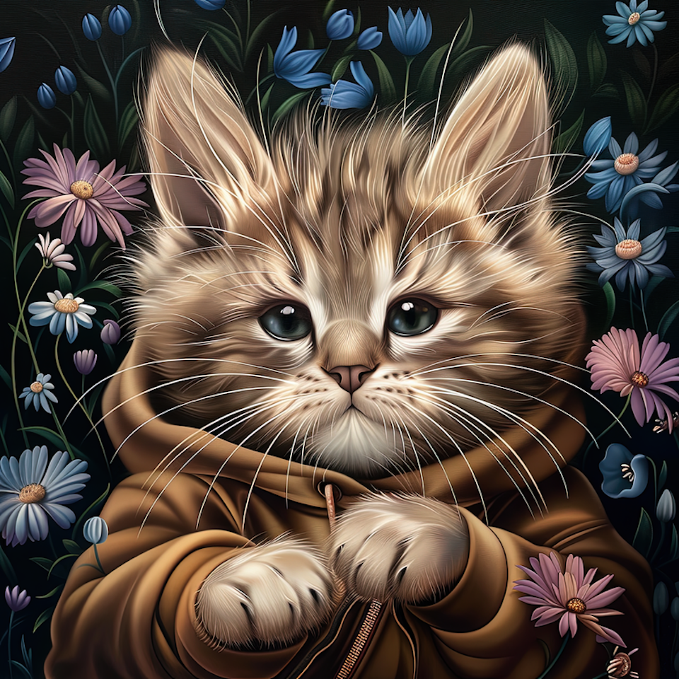 paint by numbers, katt i luvtröja bland blommorna
